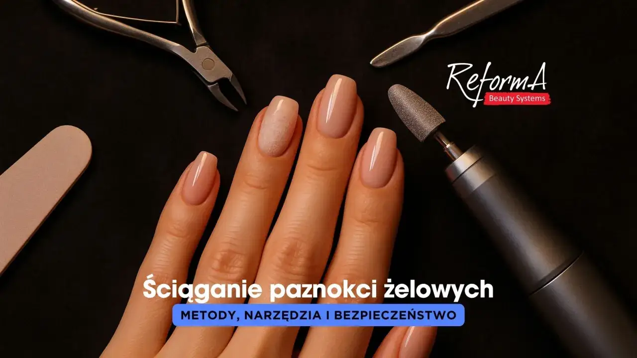 Dłoń z paznokciami żelowymi, pilnik, cążki, frezarka i logo ReformA.