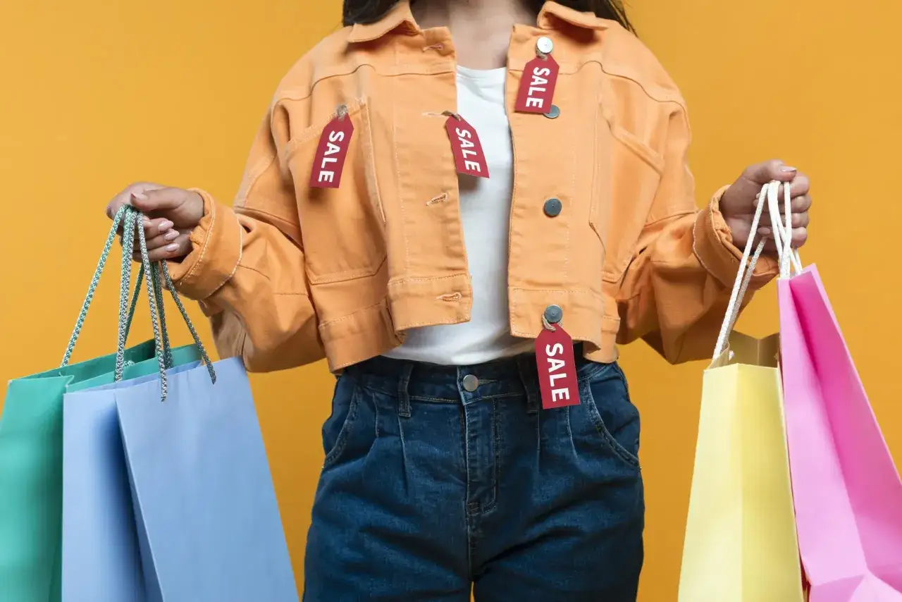 Kobieta w pomarańczowej kurtce z metkami "SALE" trzyma torby na zakupy. Symbol szybkiej mody i wyprzedaży.