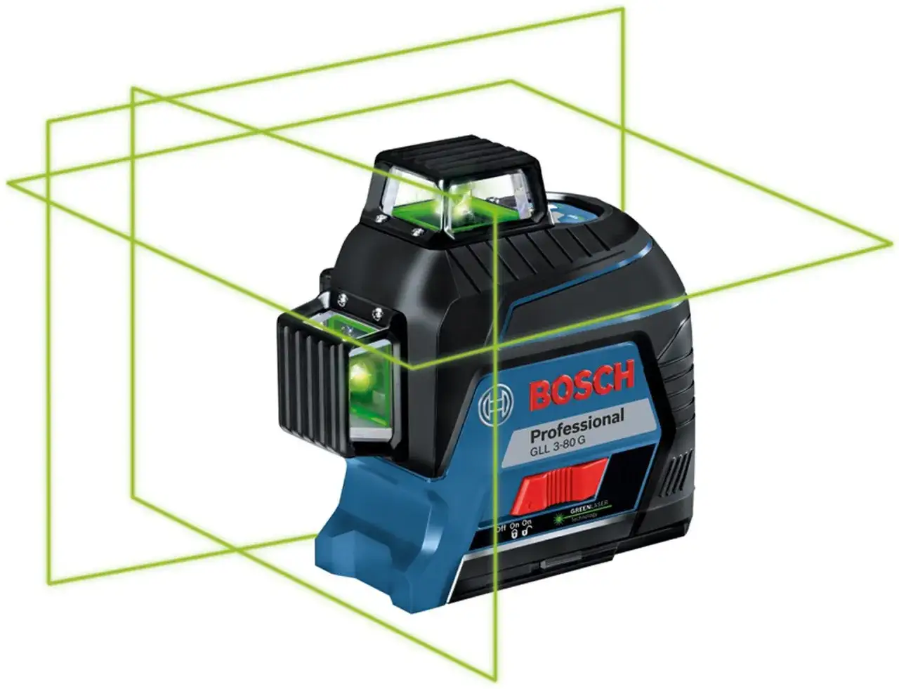 Poziomica laserowa Bosch GLL 3-80 G z zielonymi liniami lasera.