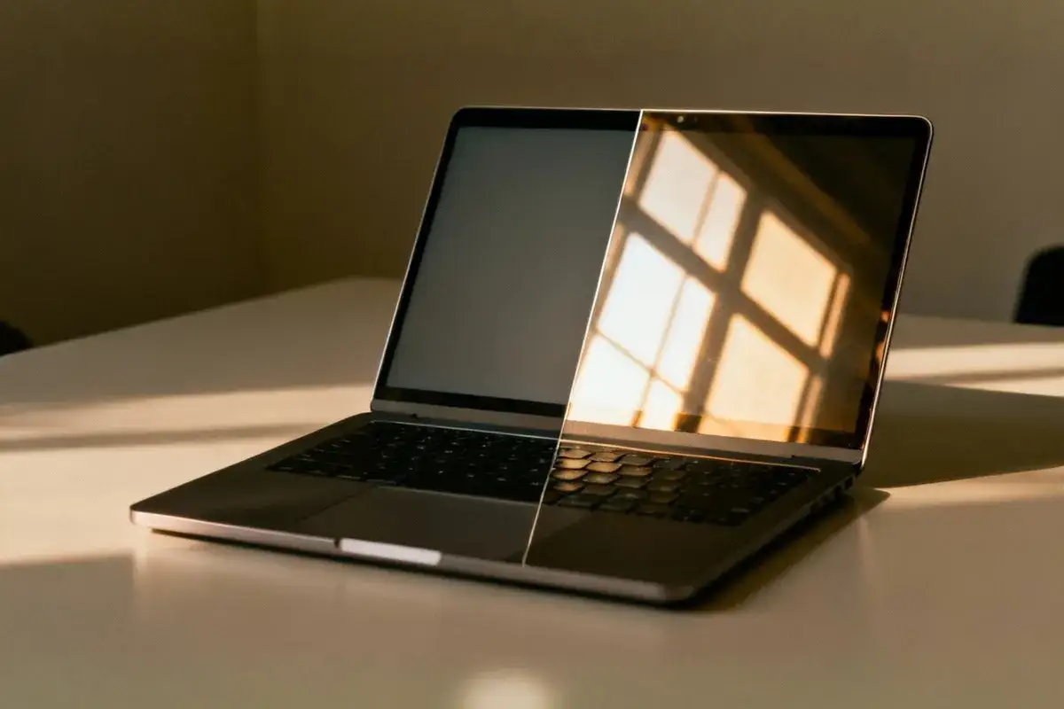 Laptop z połową ekranu zaciemnioną, a drugą odbijającą światło okna. Czas na upgrade laptopa!
