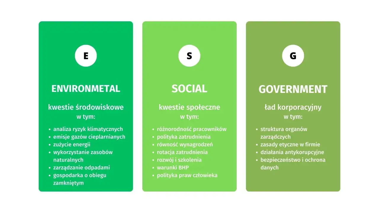 Wyjaśnienie ESG: kwestie środowiskowe (E), społeczne (S) i ład korporacyjny (G).