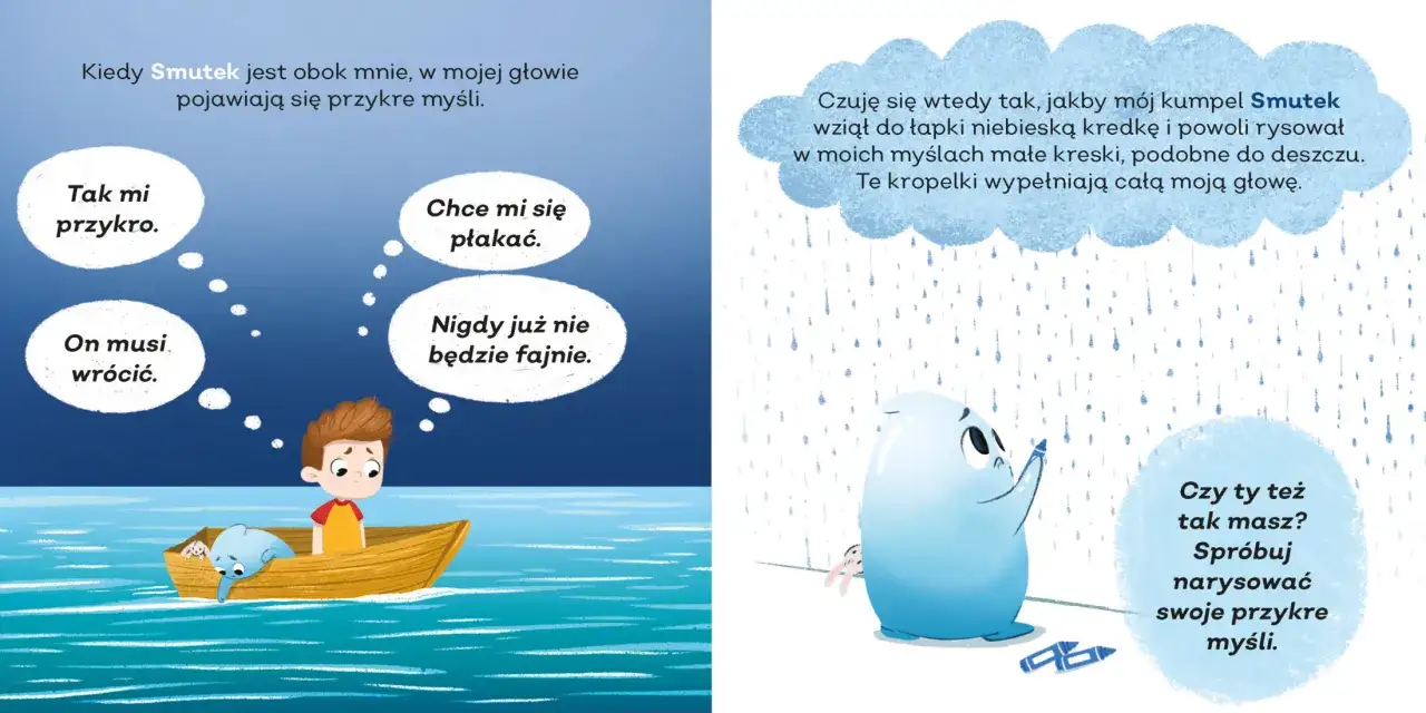 Chłopiec w łódce czuje smutek, jego myśli są jak deszcz. Postać Smutku rysuje niebieskie kreski, które wypełniają głowę.