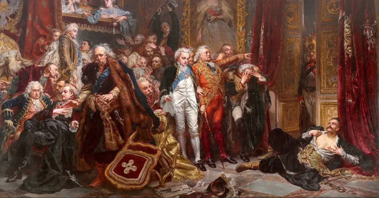 Monumentalne dzieła malarskie o tematyce historycznej ukazujące dramatyczne sceny z życia dworu.