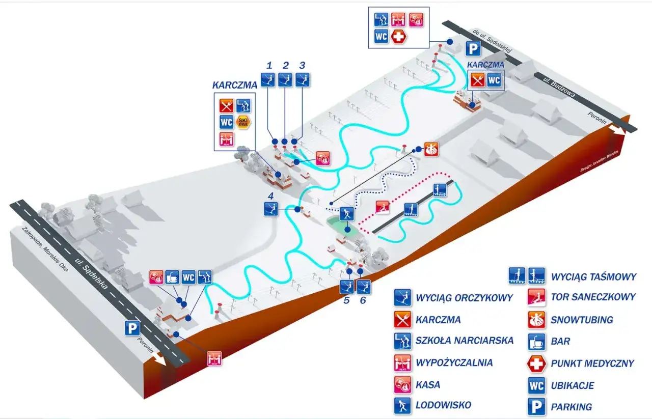 Mapa atrakcji Murzasichle: wyciągi, karczmy, szkoła narciarska, wypożyczalnia, bar, punkt medyczny, parking.