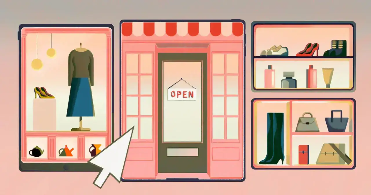 Ilustracja sklepu internetowego z ubraniami, butami i akcesoriami, z widocznym znakiem "OPEN".