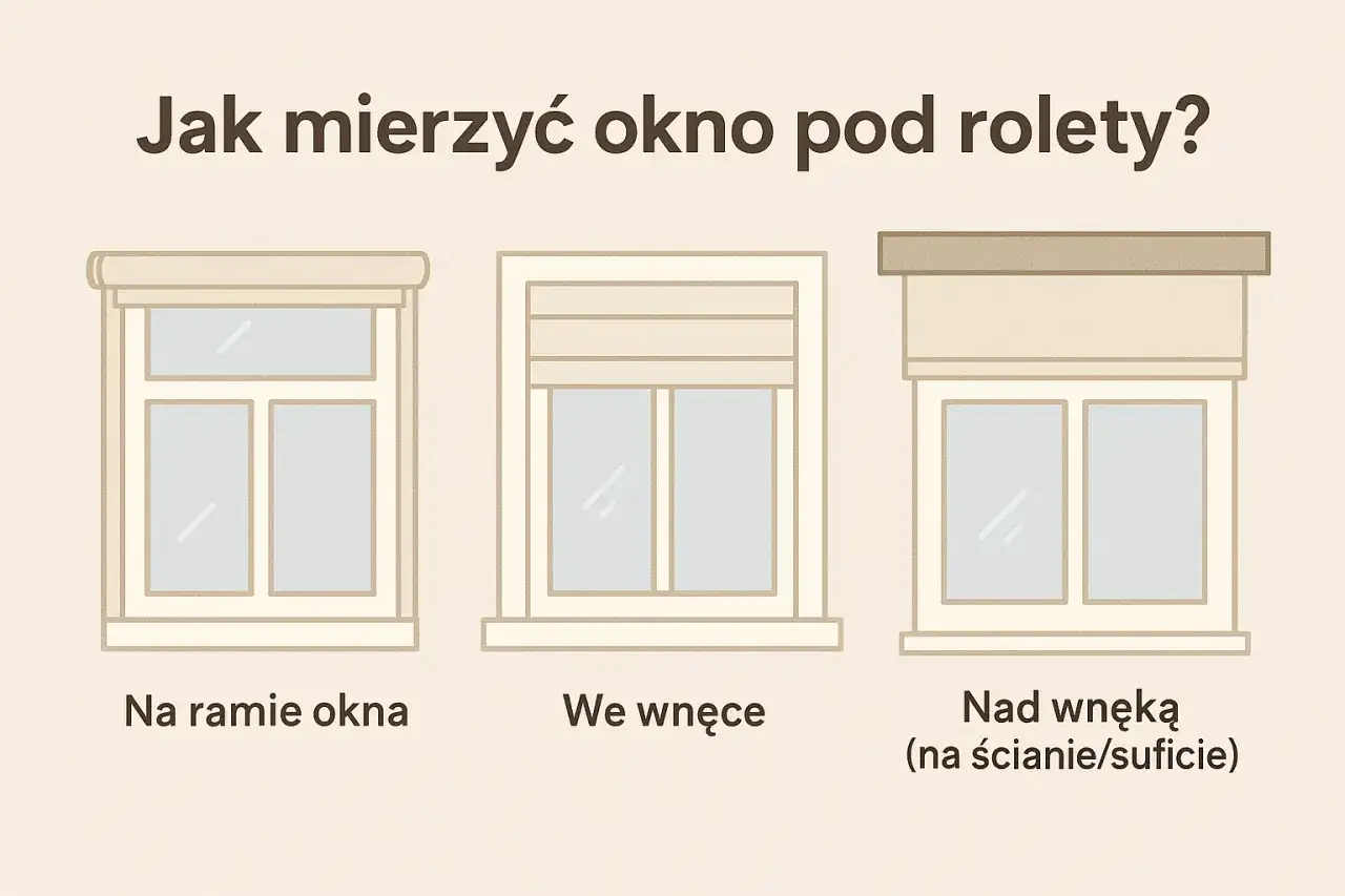 Ilustracja trzech okien z roletami: na ramie, we wnęce i nad wnęką.