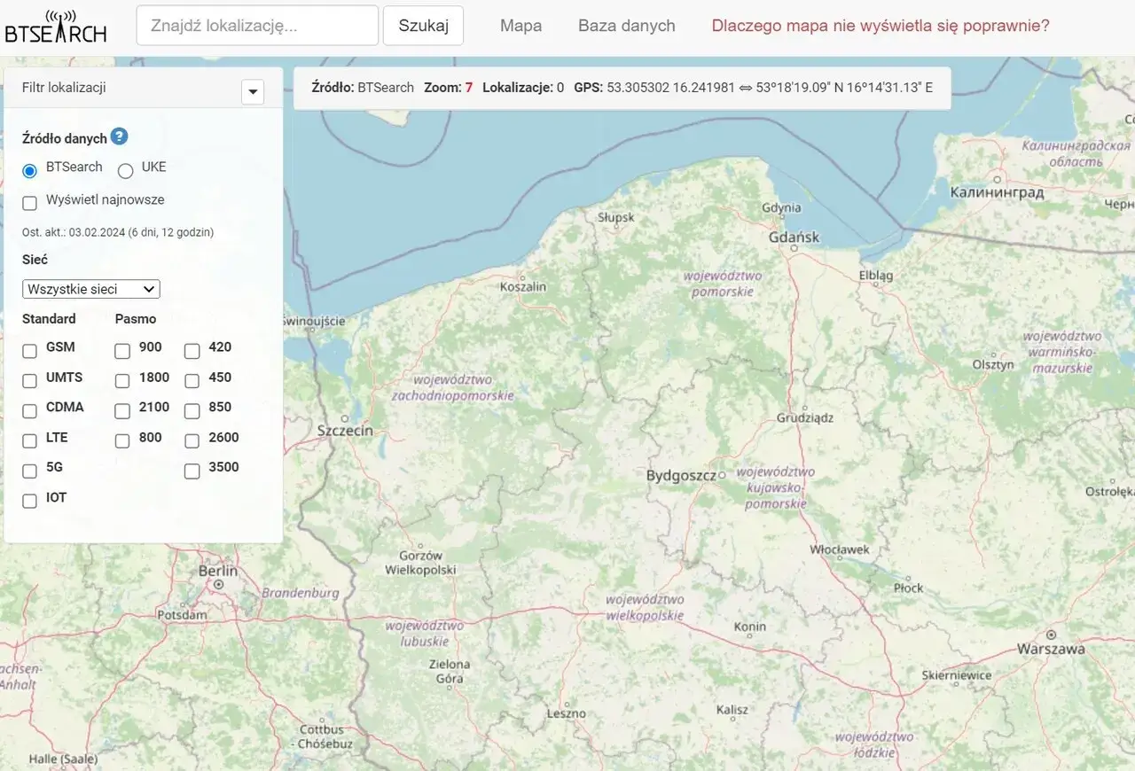Mapa zasięgu sieci komórkowych w Polsce z filtrami po lewej stronie.