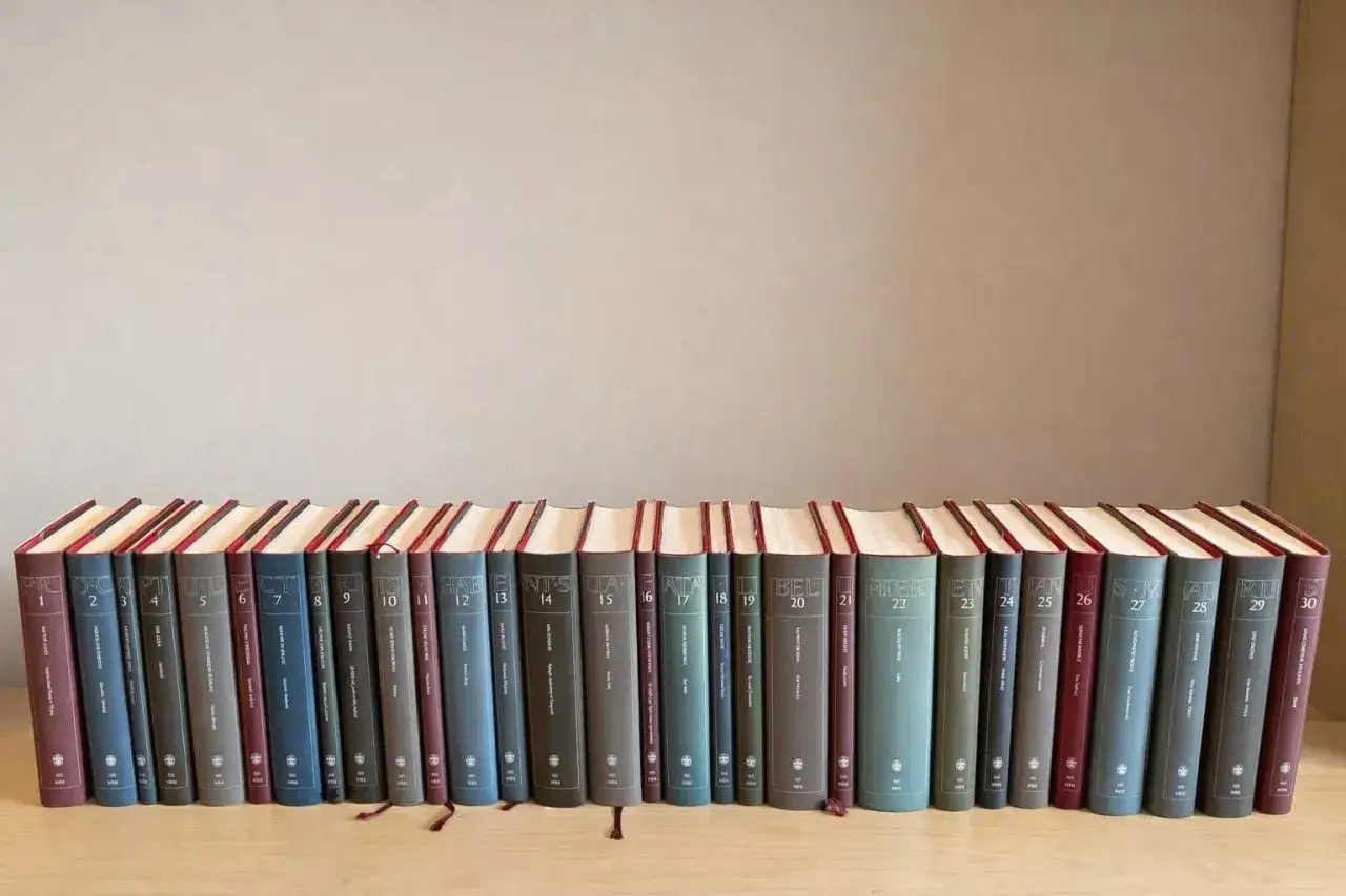 Rząd książek z numerowanymi tomami, tworzący kolekcję klasyki literatury światowej.