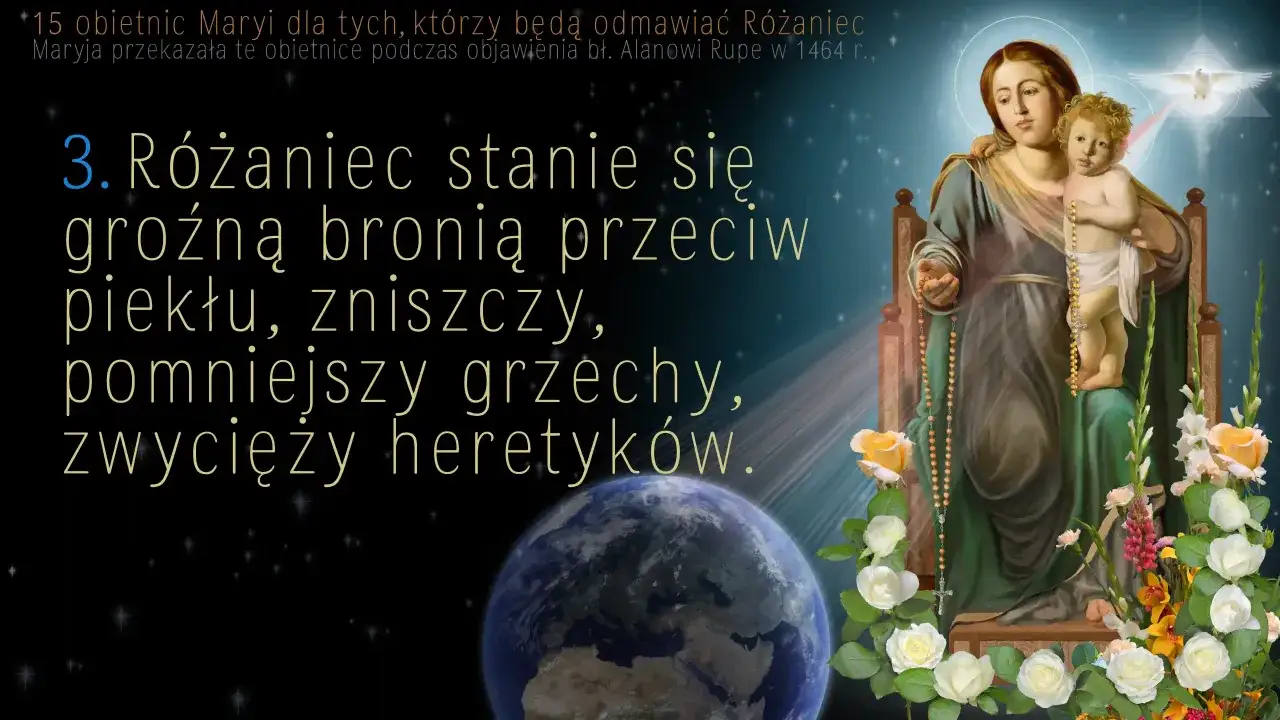 Obraz Matki Bożej z Dzieciątkiem, z różańcem, kwiatami i Ziemią.