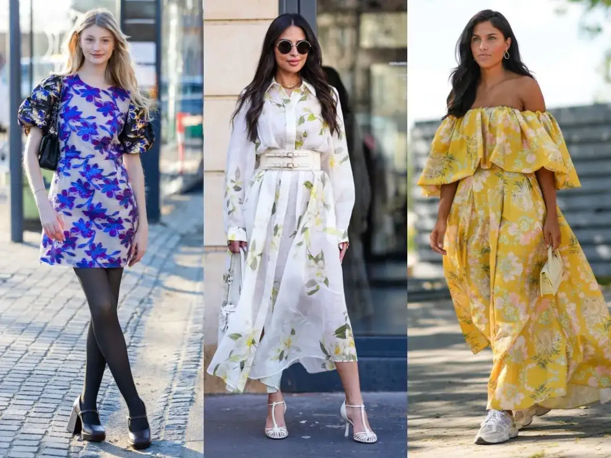 Trzy kobiety w kwiecistych sukienkach. Pierwsza w mini, druga w midi, trzecia w maxi. Jakie buty do sukienki w kwiaty? Zobacz inspiracje!