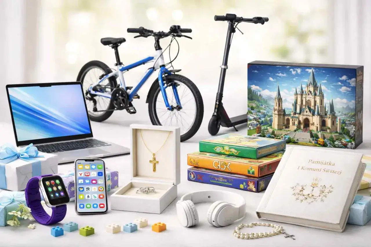 Różnorodne prezenty komunijne: rower, hulajnoga, laptop, smartfon, zegarek, biżuteria, gry, słuchawki, pamiątka.
