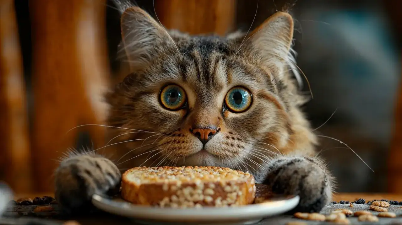 Zastanawiasz się, czy koty mogą jeść cukier? Ten kot z wielkimi oczami patrzy na ciastko, jakby chciał sprawdzić, czy to dla niego przysmak.