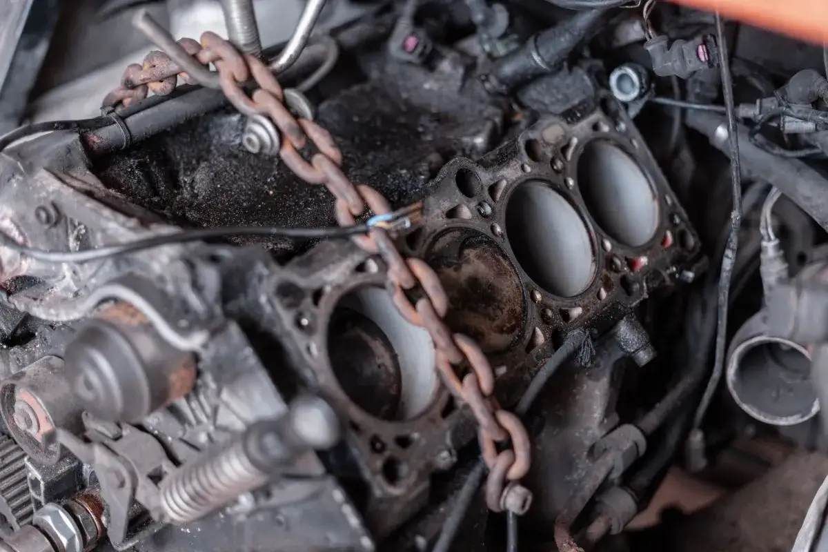 Zardzewiały silnik z widocznymi cylindrami i uszczelką głowicy. Czy to wyjaśnia, dlaczego silnik bierze olej po wymianie na rzadszy?