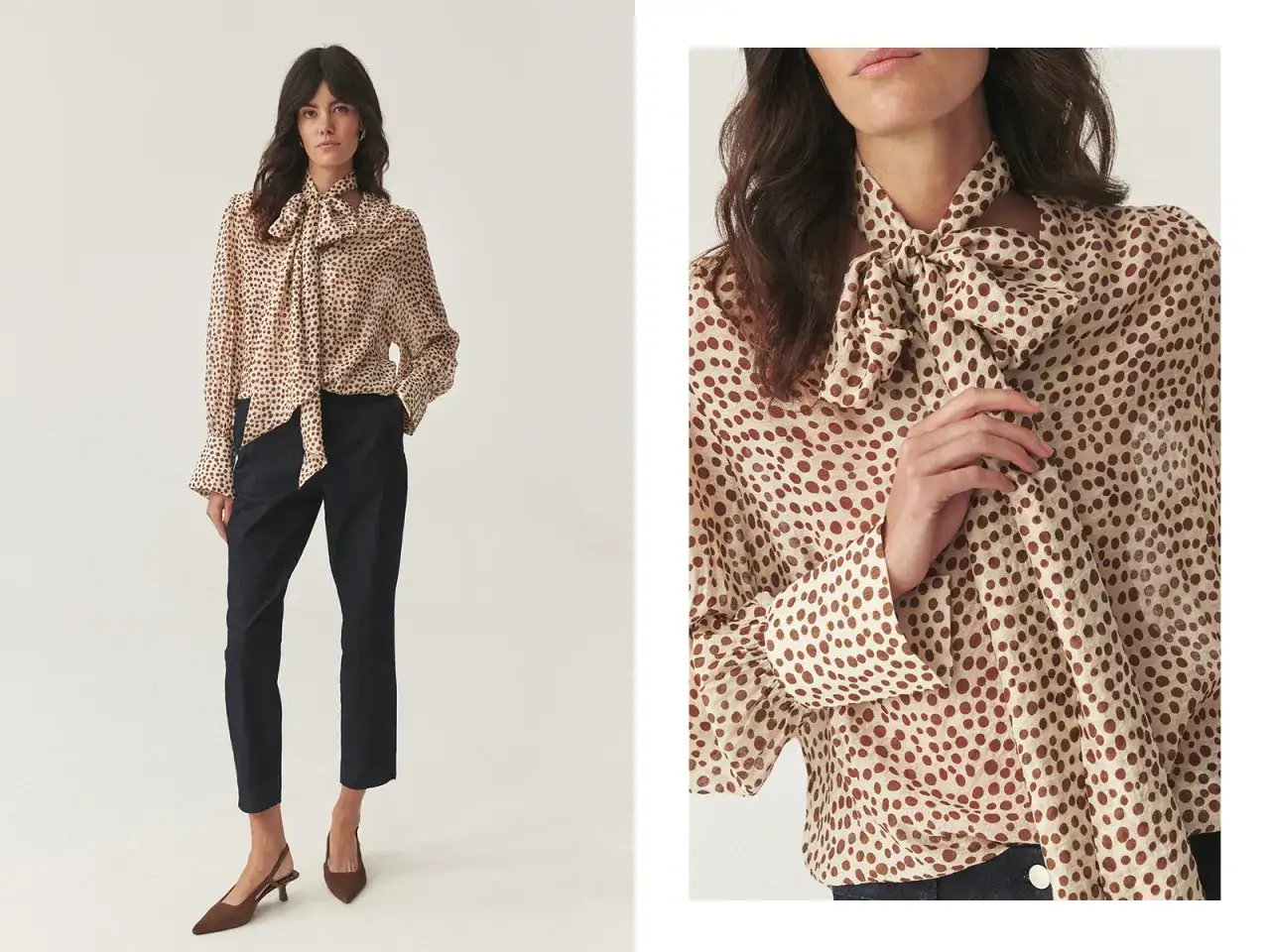 Elegancka koszula damska w groszki z kokardą, włożona w ciemne spodnie, tworzy stylowy zestaw.