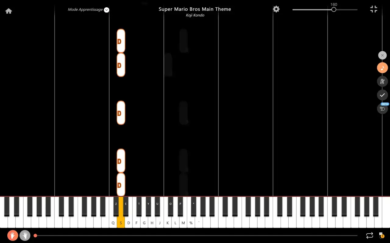 Wirtualne pianino z nutami Super Mario Bros. i klawiszami oznaczonymi literami.