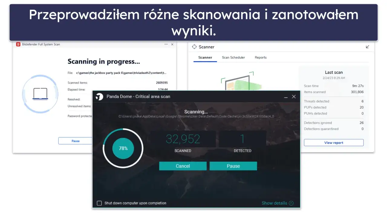 Ekran z trzema oknami programów antywirusowych skanujących komputer.