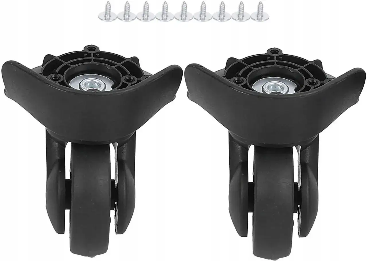 Dwa czarne kółka do walizki z zestawem śrub. Czy można dokupić kółka do walizki Wittchen? Tak, te mogą pasować.