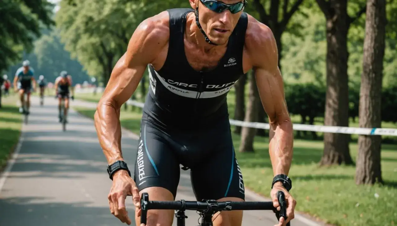 Intensywnie ćwiczący triathlonista na rowerze, z widocznymi mięśniami i spoconym ciałem.