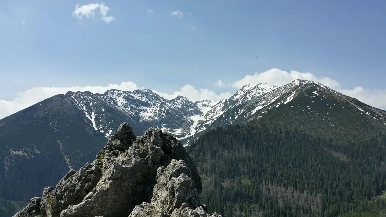 Skalisty wierch poroniec gęsia szyja w Tatrach, z ośnieżonymi szczytami i gęstym lasem iglastym.