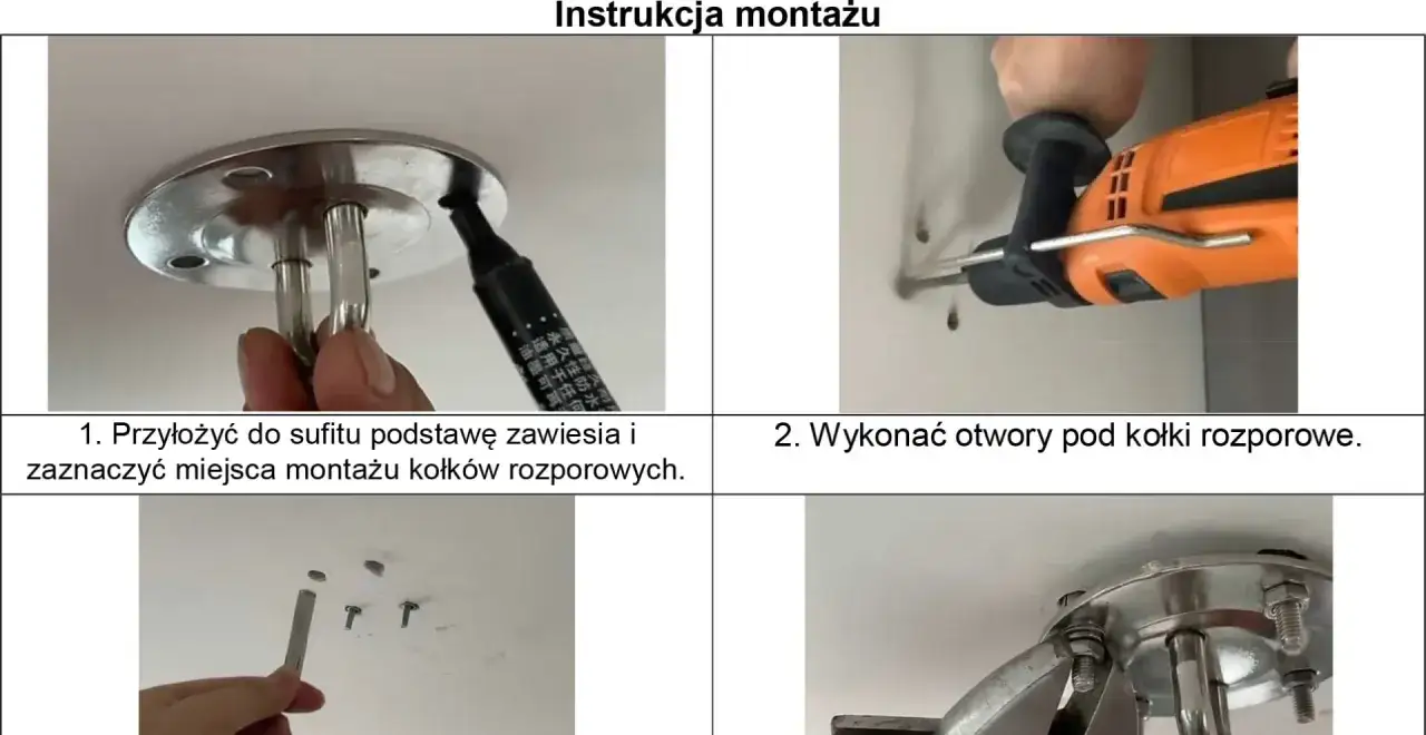 Instrukcja montażu huśtawki: zaznaczanie miejsc, wiercenie otworów, wkładanie kołków i przykręcanie.