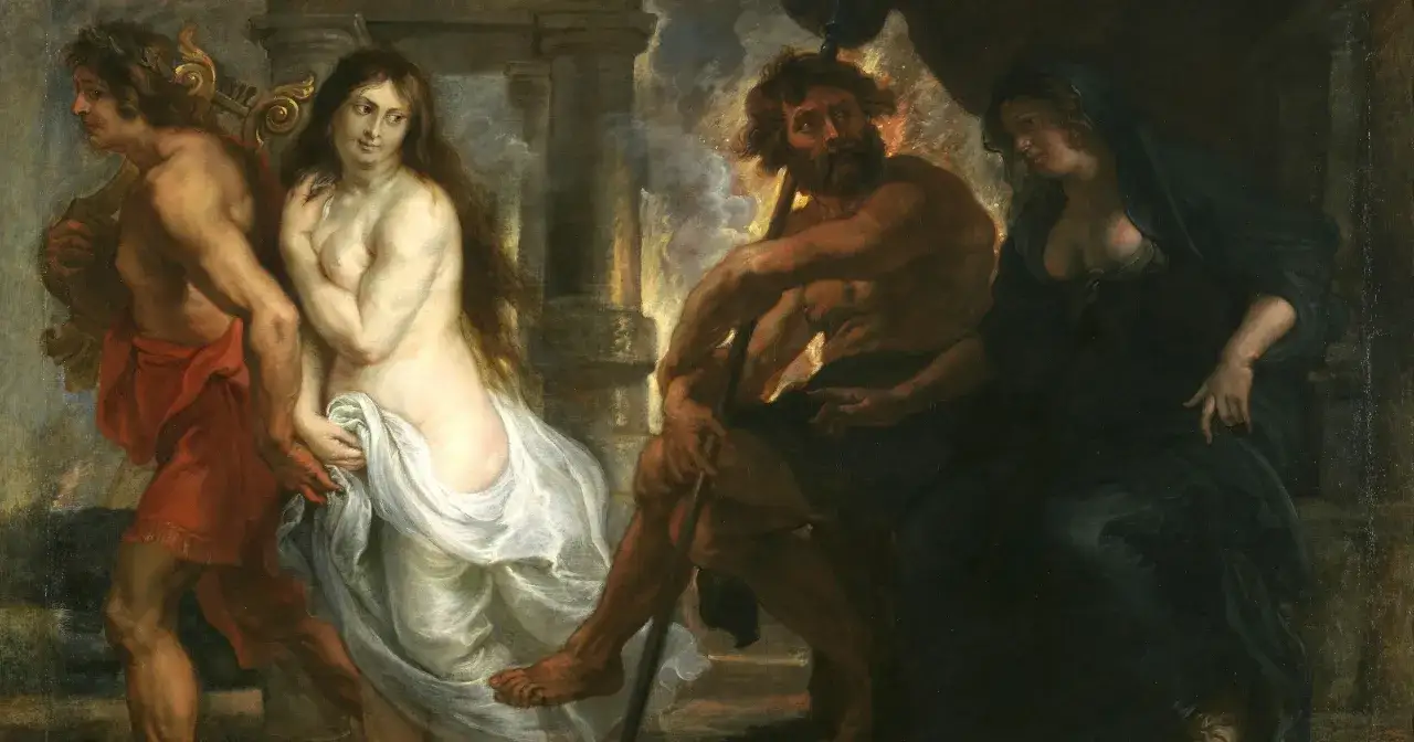 Orfeusz z lirą prowadzi Eurydykę przez Hades, gdzie siedzi Hades i Persefona.