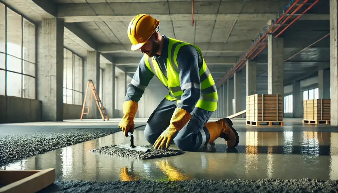 Budowlaniec w kasku i kamizelce pracuje z wylewką samopoziomującą, dbając o odpowiednią grubość warstwy.