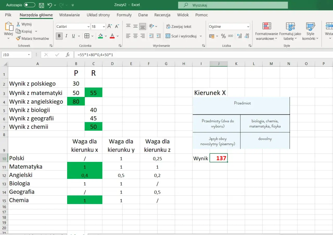 Arkusz kalkulacyjny Excel z wynikami i wagami przedmiotów do wyboru kierunku studiów. Obliczanie ekoschematy punkty.