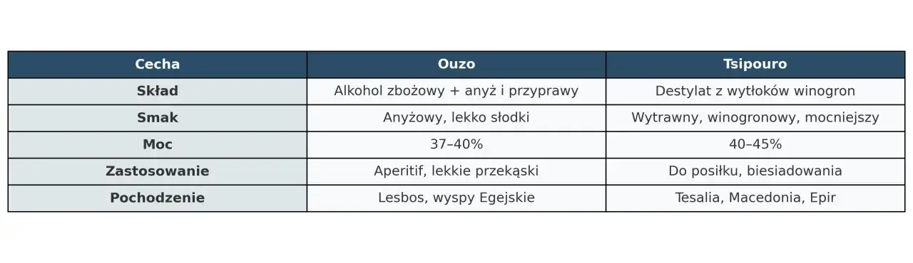 Tabela porównująca Ouzo i Tsipouro, dwa rodzaje greckiego alkoholu: skład, smak, moc i pochodzenie.