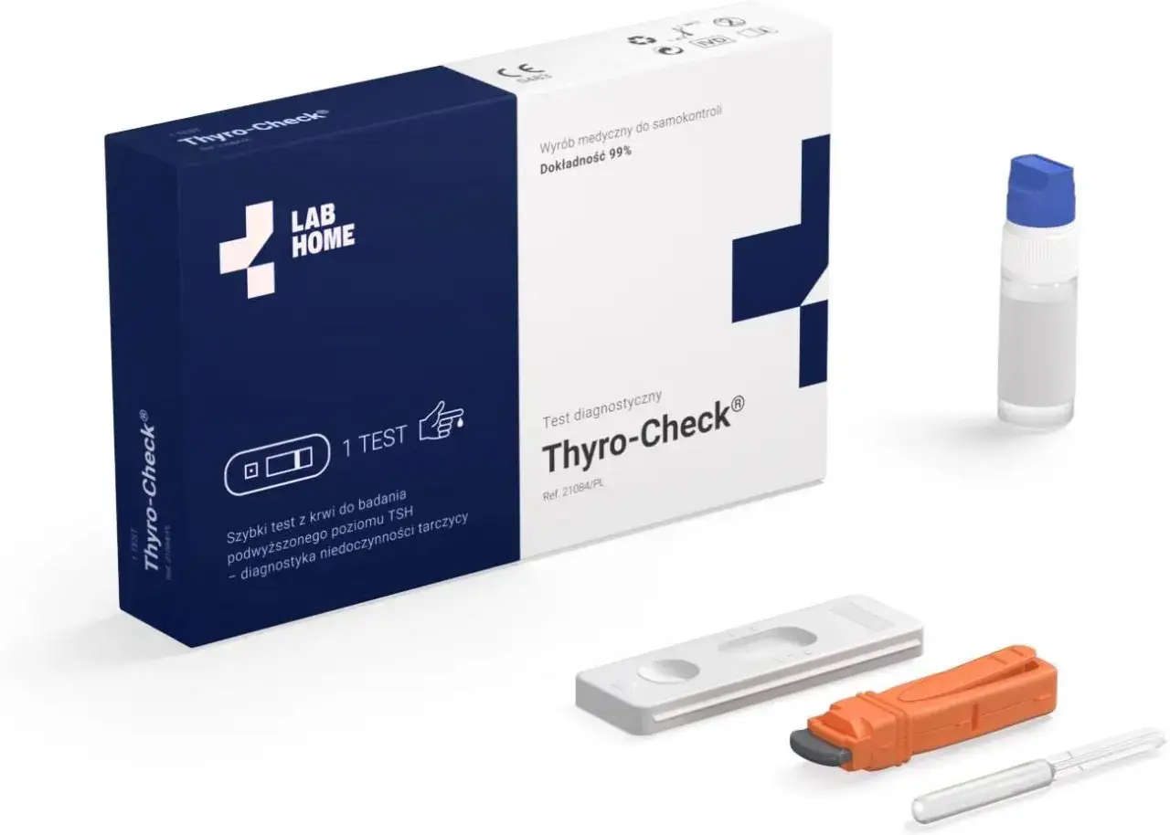 Zestaw do samokontroli Thyro-Check do diagnostyki niedoczynności tarczycy. Szybki test poziomu TSH z krwi.