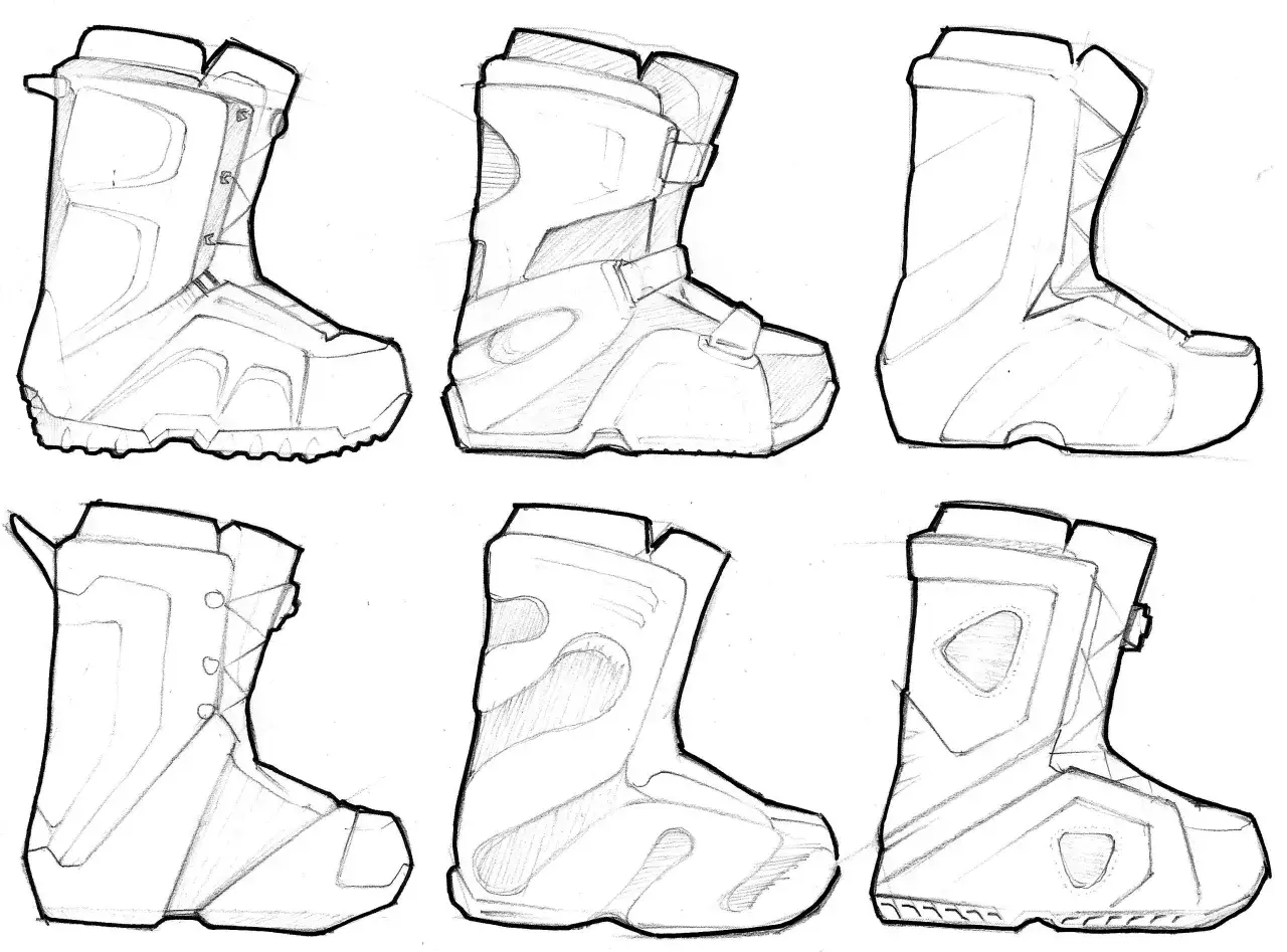 Szkice pokazują różne modele damskich butów snowboardowych, od klasycznych po bardziej nowoczesne.