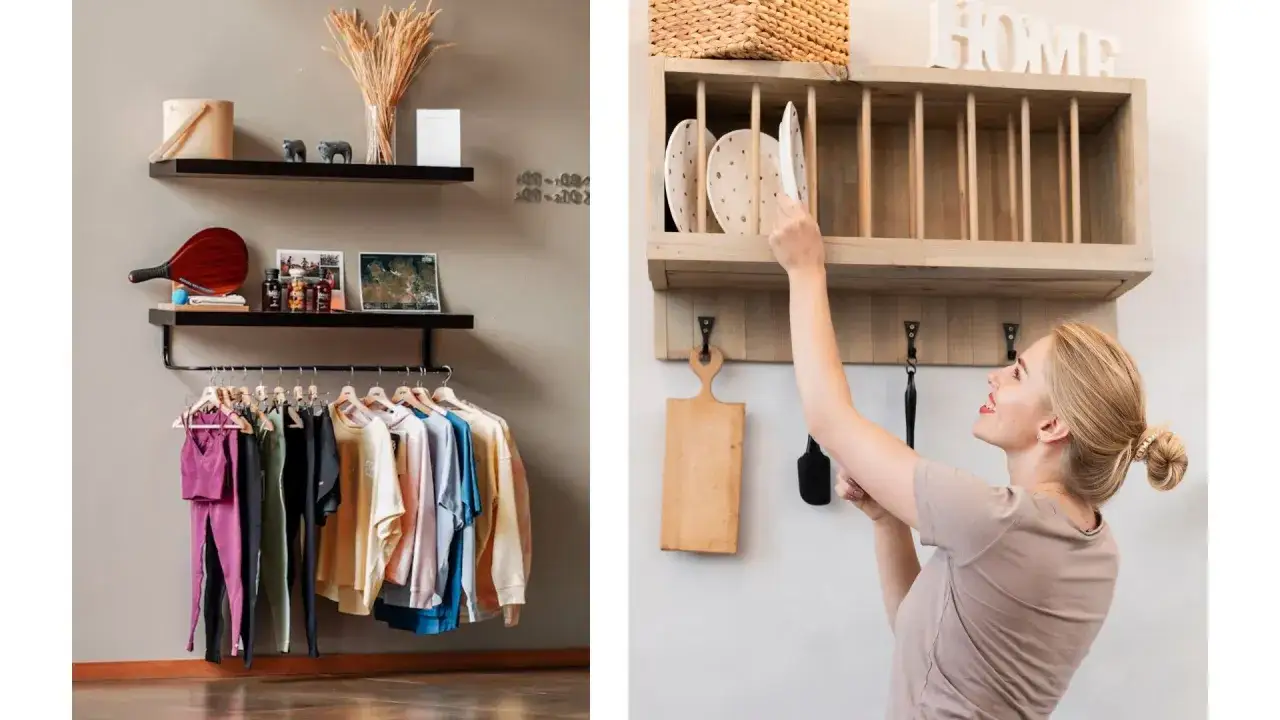 Półki i wieszak tworzą praktyczny schowek w mieszkaniu. Na wieszaku wisi kolorowa odzież, a na półkach stoją ozdoby i akcesoria.