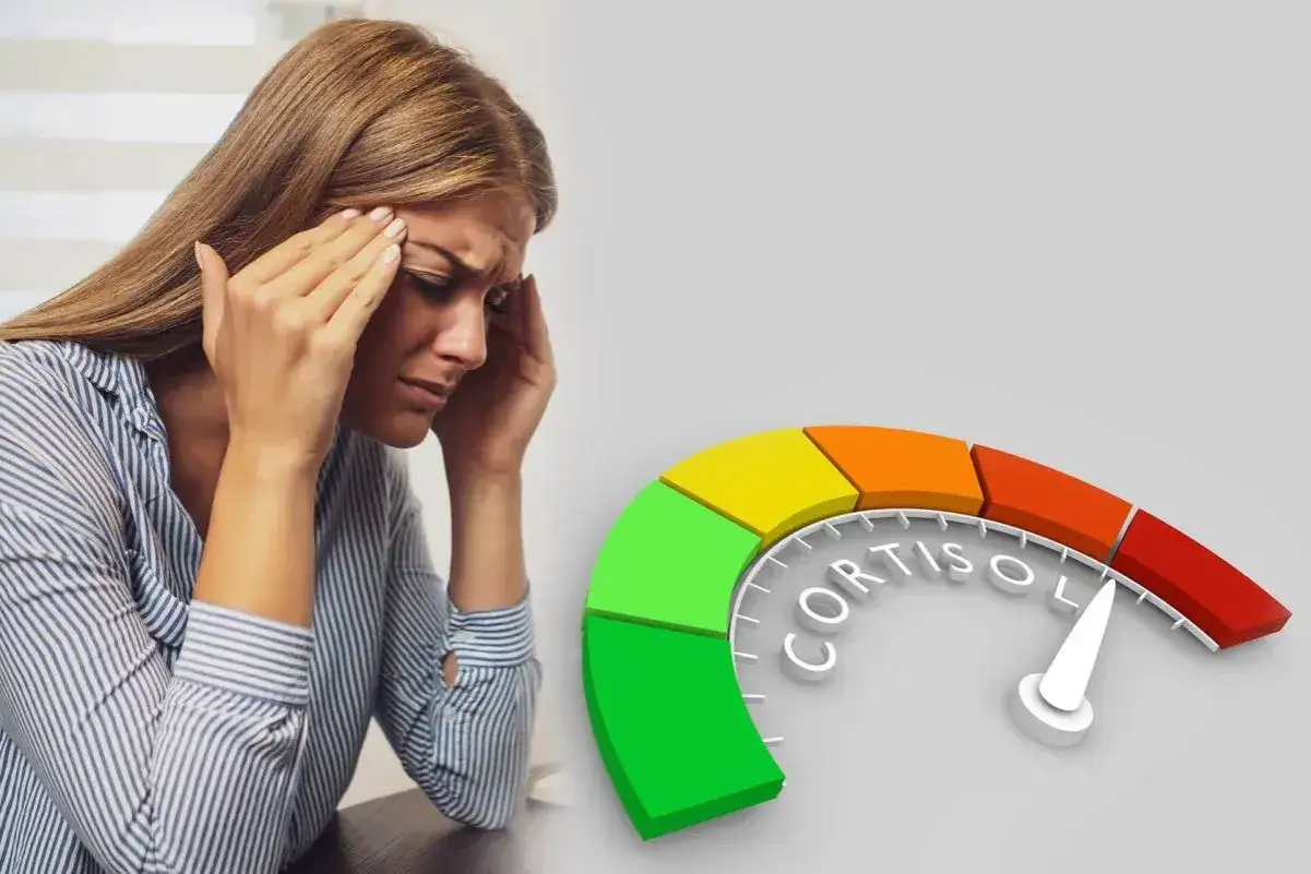 Kobieta z bólem głowy, wskaźnik poziomu kortyzolu pokazuje wysoki wynik. Dowiedz się, jak zbadać kortyzol.