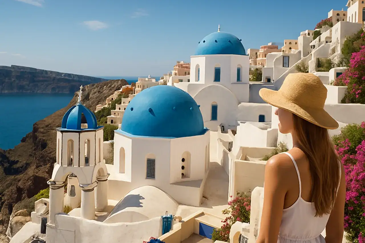 Kobieta w kapeluszu podziwia białe domy z niebieskimi kopułami na tle morza. Tyle wysp greckich, ile piękna!