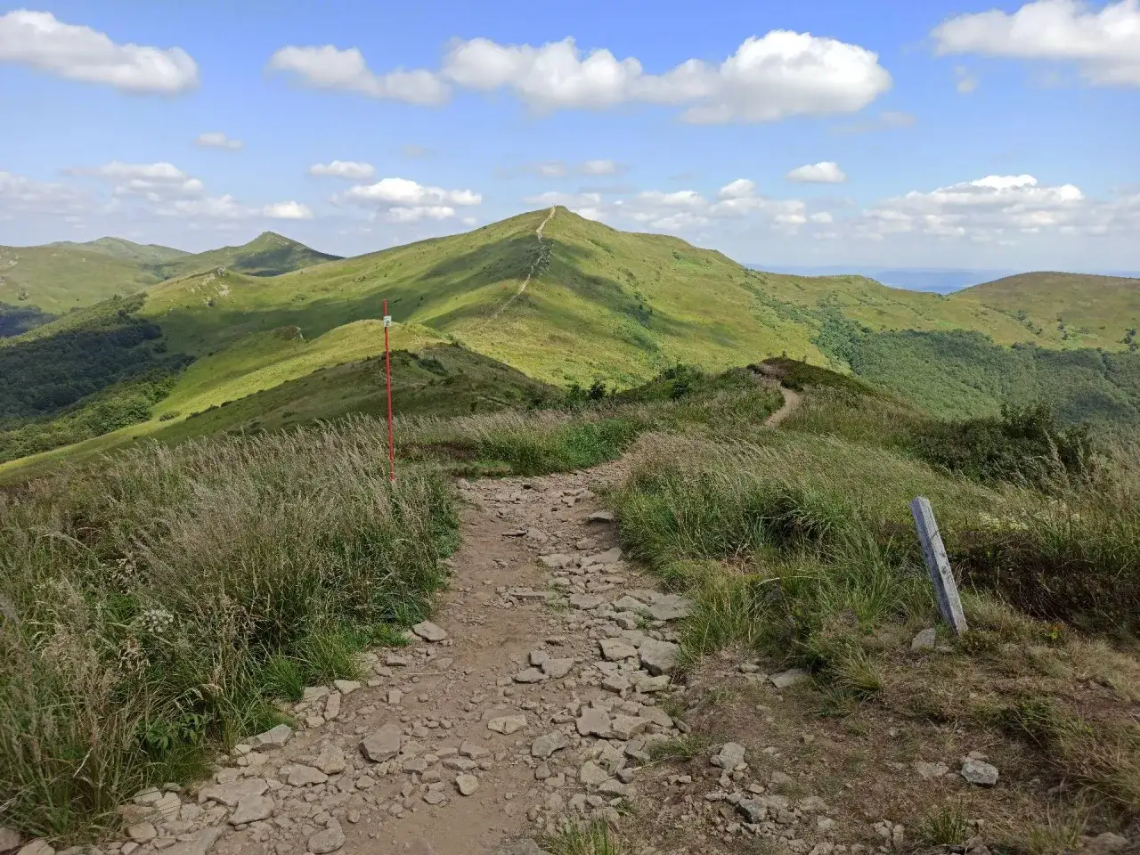 Kamienista ścieżka na połoninie. W oddali widać szczyt Tarnicy, idealne miejsce na nocleg w Bieszczadach.