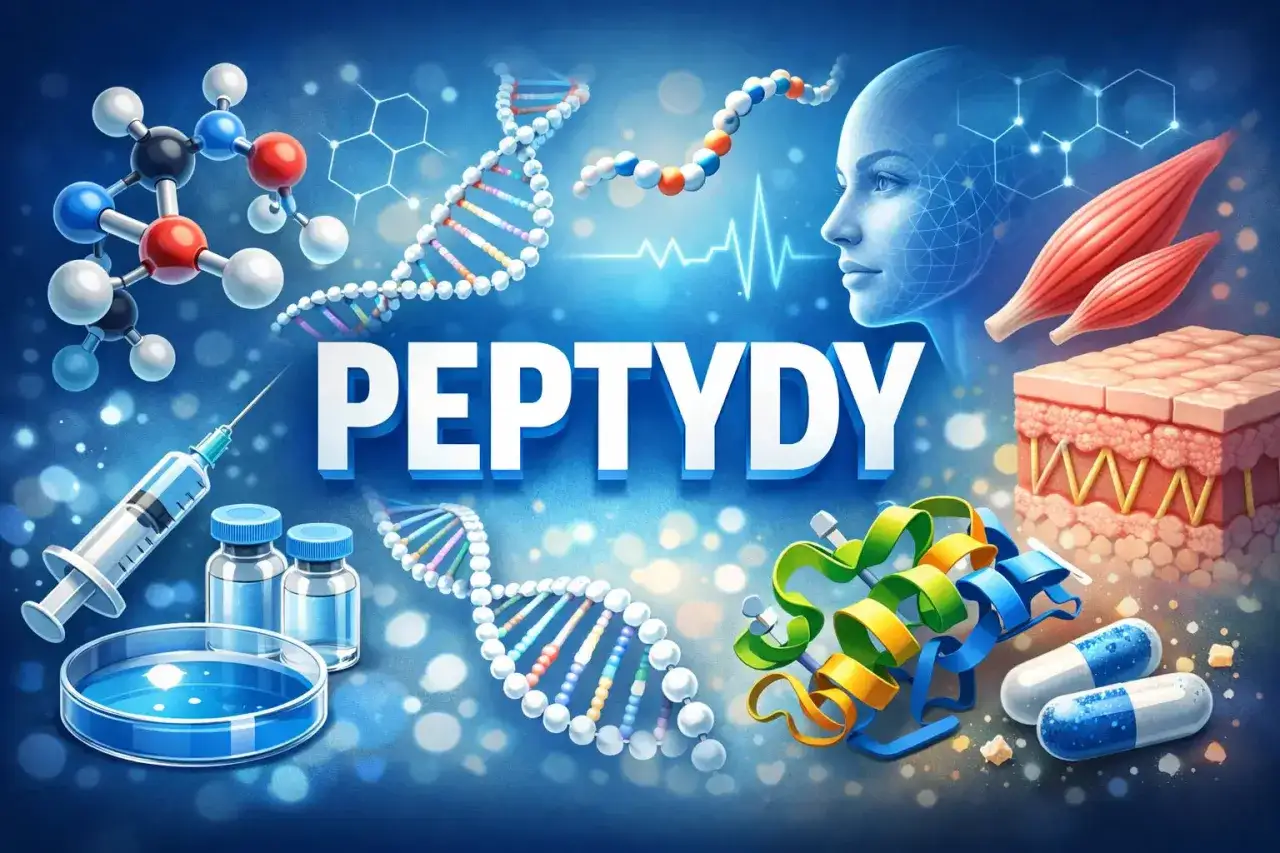 Peptydy: co to? Obraz przedstawia cząsteczki, DNA, ludzką twarz, mięśnie, skórę, strzykawkę i kapsułki, symbolizując ich rolę w biologii i medycynie.
