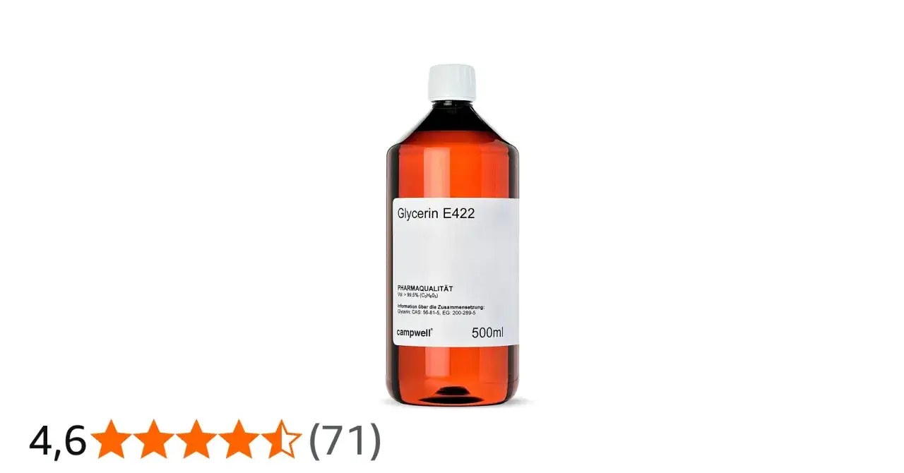 Butelka z bursztynowym płynem, oznaczona jako "Glycerin E422". Czy gliceryna roślinna jest szkodliwa? Ten produkt ma 500 ml.