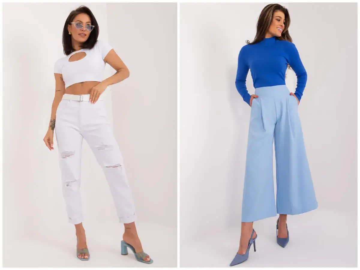 Dwie kobiety prezentują luźny, elegancki styl damski. Jedna w białym crop topie i podartych jeansach, druga w niebieskim golfie i szerokich, błękitnych spodniach.