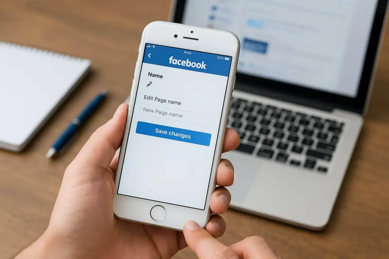 Dłoń trzyma smartfon z otwartą aplikacją Facebook, gdzie można edytować nazwę strony. To pokazuje, jak zaktualizować Facebooka.