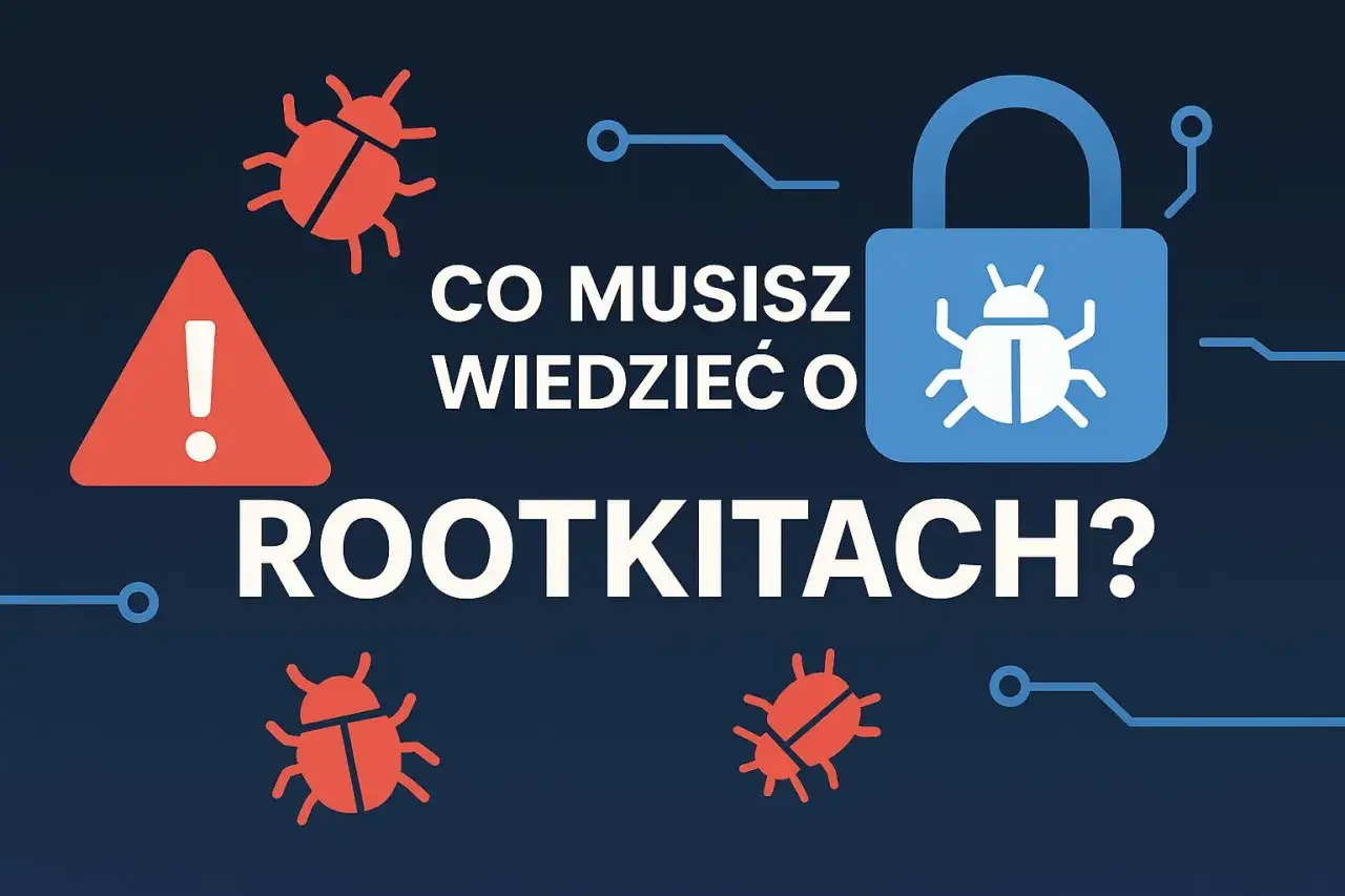 Co musisz wiedzieć o rootkitach? Grafika przedstawia ostrzeżenie i kłódkę z symbolem robaka, sugerując zagrożenie ze strony rootkitów.