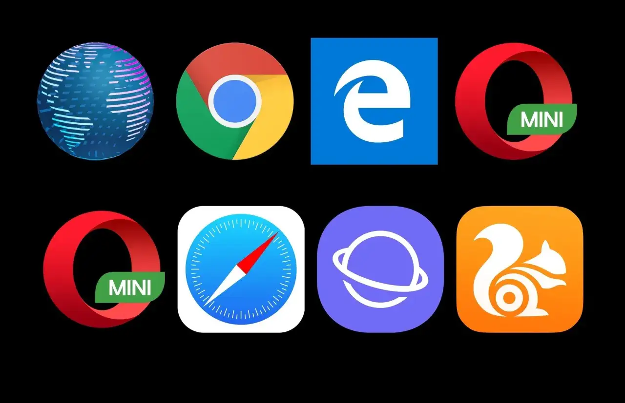 Ikony popularnych przeglądarek internetowych: Opera, Chrome, Edge, Safari, Samsung Internet, UC Browser. Która jest najlepsza przeglądarka internetowa?