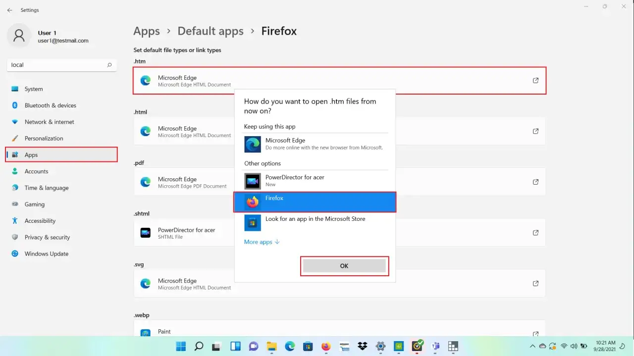 Ustawianie domyślnej przeglądarki Firefox w Windows 11. Wybierz Firefox z listy aplikacji do otwierania plików .htm.