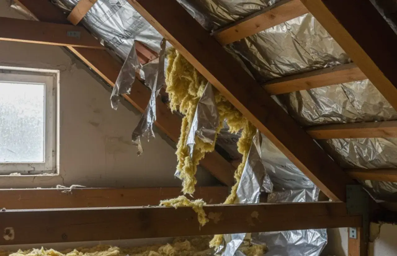 zniszczona izolacja dachu przez kuny