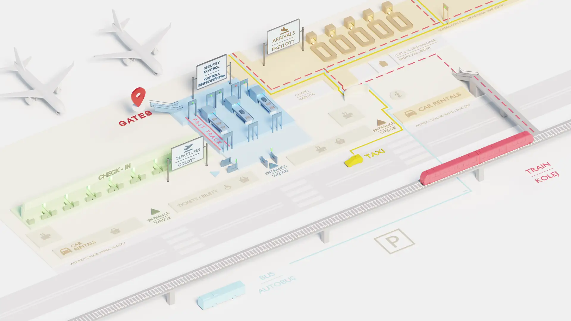 Schemat lotniska w Gdańsku: check-in, kontrola bezpieczeństwa, bramki, przyloty, parking, taxi, kolej i autobus.