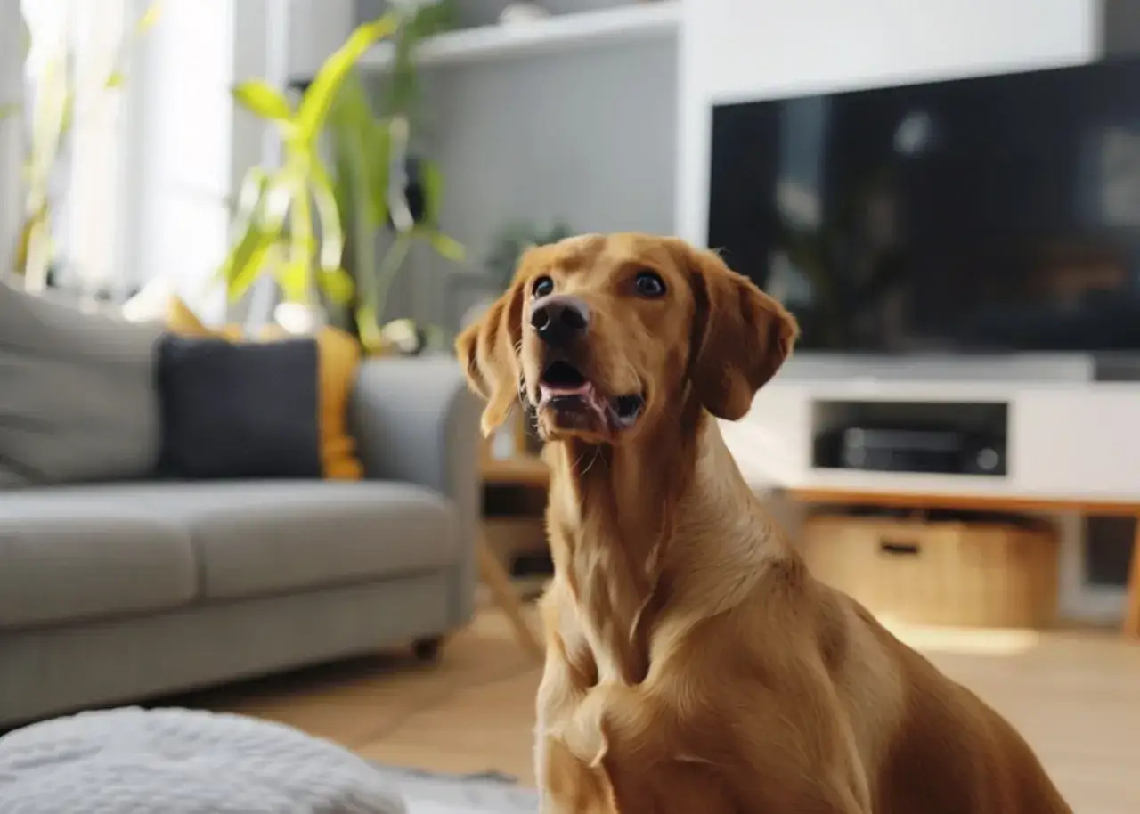 Złoty piesek siedzi w salonie, zastanawiając się, czy pies może jeść nabiał.