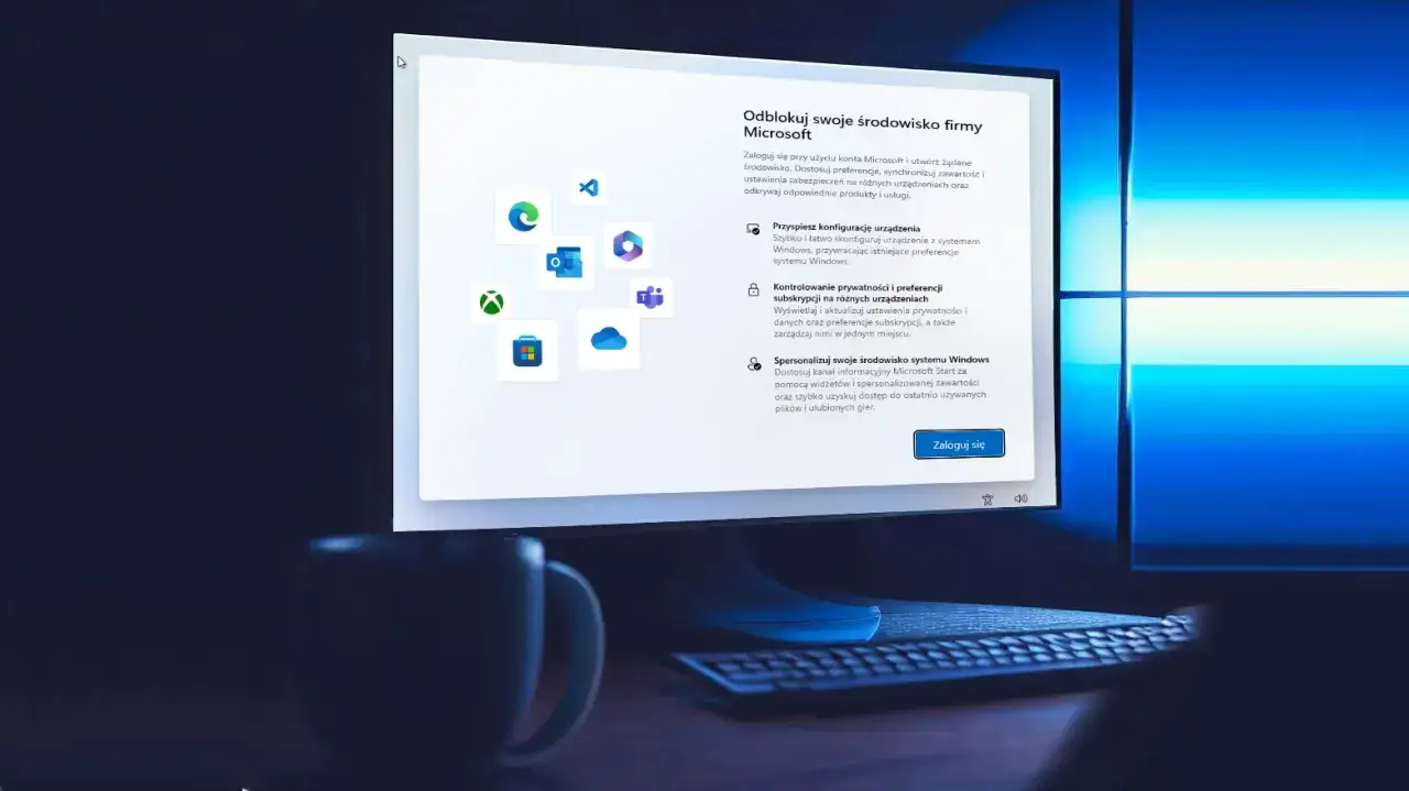Ekran logowania Windows 11, pokazujący opcje konfiguracji środowiska Microsoft. Możliwe jest logowanie bez konta Microsoft.