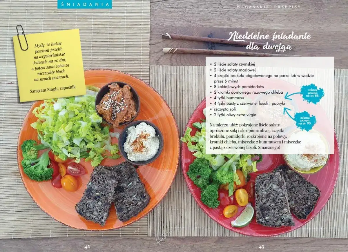 Niedzielne śniadanie dla dwojga: co to jest kuchnia wegańska? Talerze pełne sałaty, brokułów, pomidorków, chleba razowego, hummusu i pasty z fasoli. Smacznego!