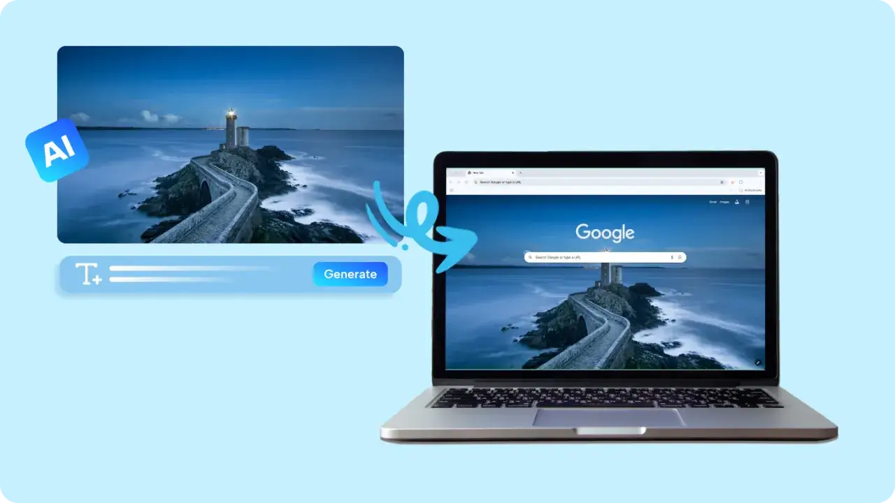 Grafika przedstawia proces zmiany tła w przeglądarce Chrome na zdjęcie latarni morskiej.