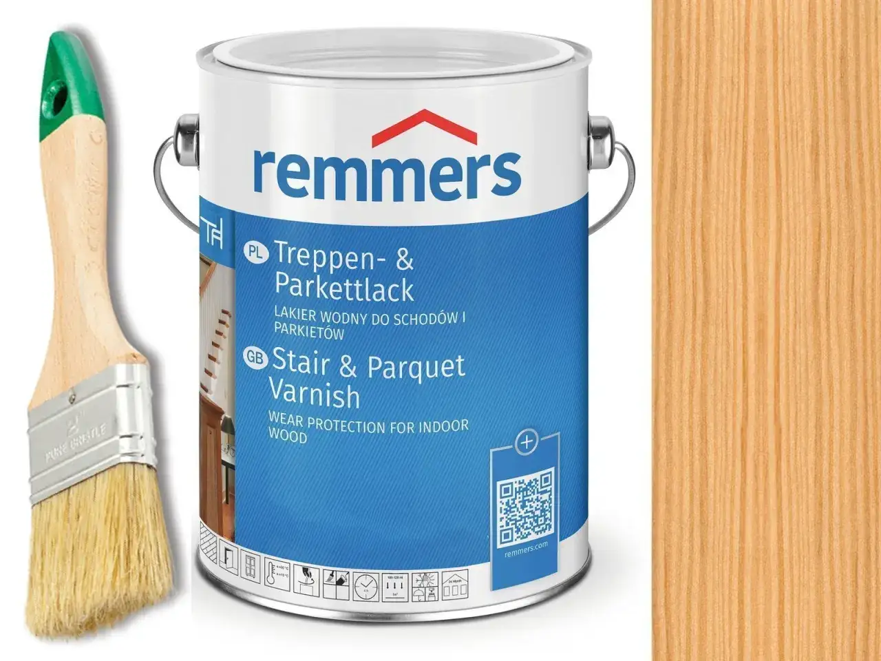 Remmers lakier na schody drewniane i parkiet. Puszka z lakierem i pędzel obok próbki drewna.