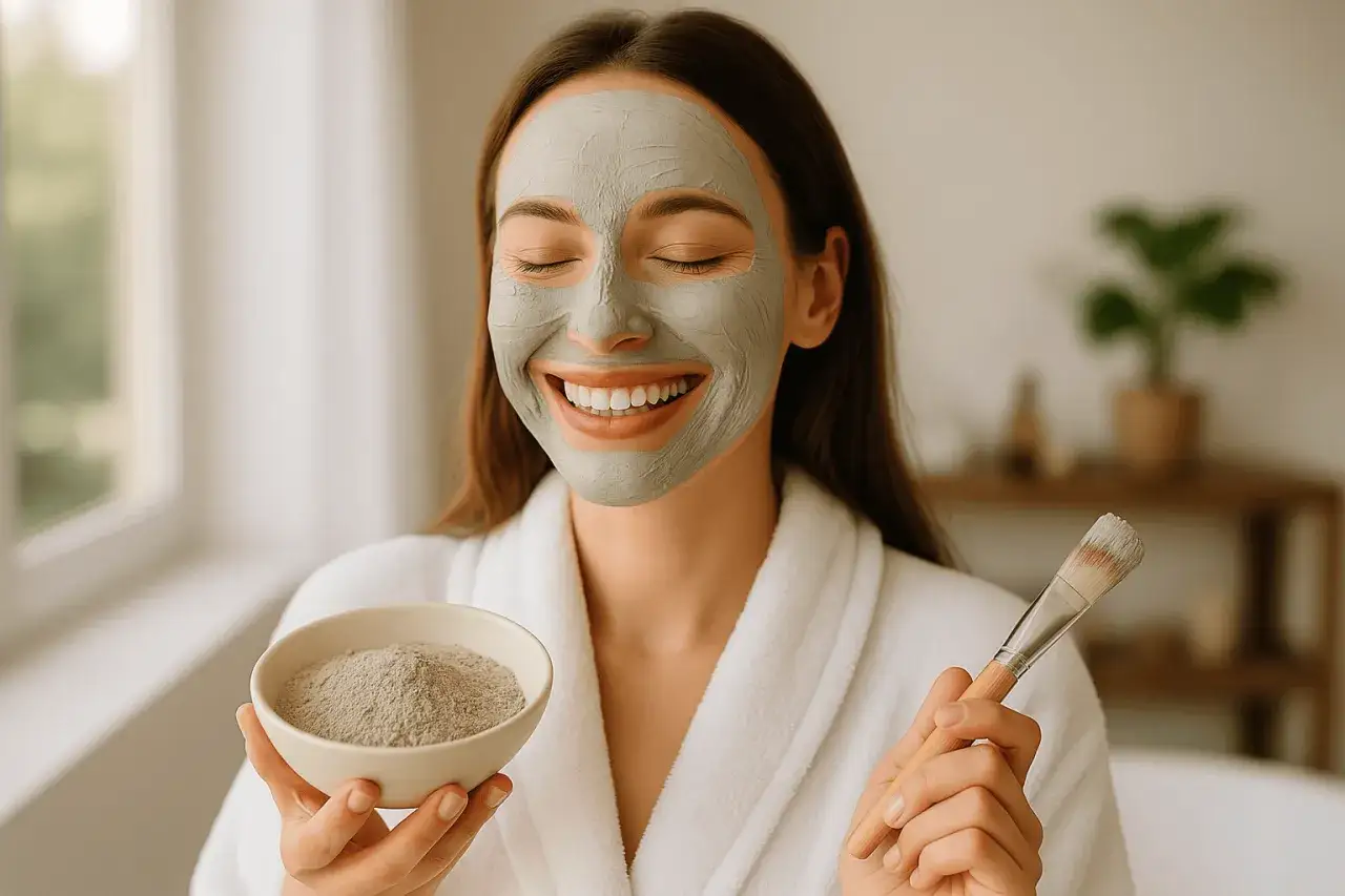 Uśmiechnięta kobieta w szlafroku z glinką na twarzy trzyma miseczkę z proszkiem. Bentonit co to? To naturalny składnik maseczek.