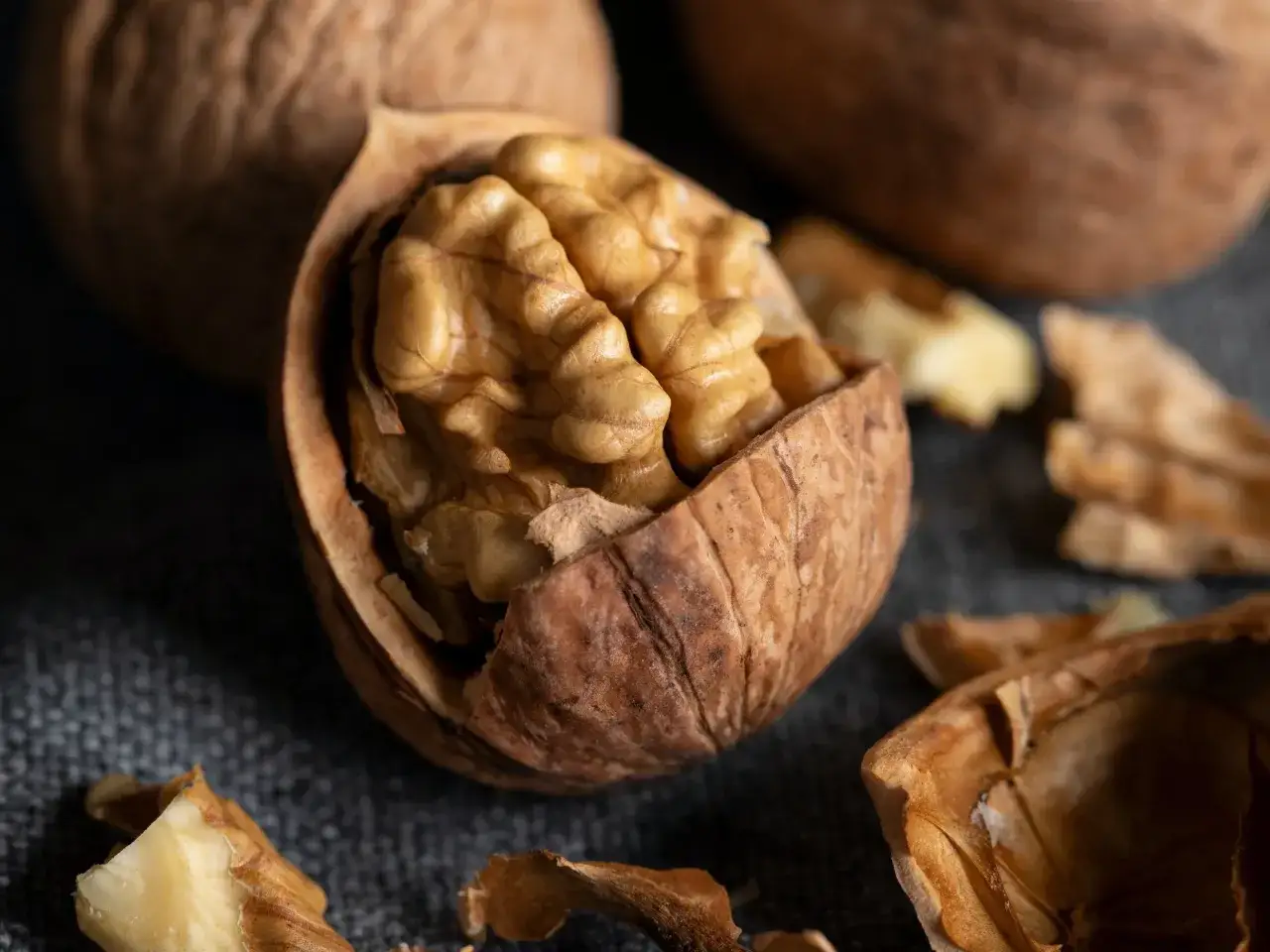 Orzechy włoskie, kiedy zbierać? Jesień to idealny czas na zbiory. Na zdjęciu pęknięta łupina z widocznym jądrem orzecha.